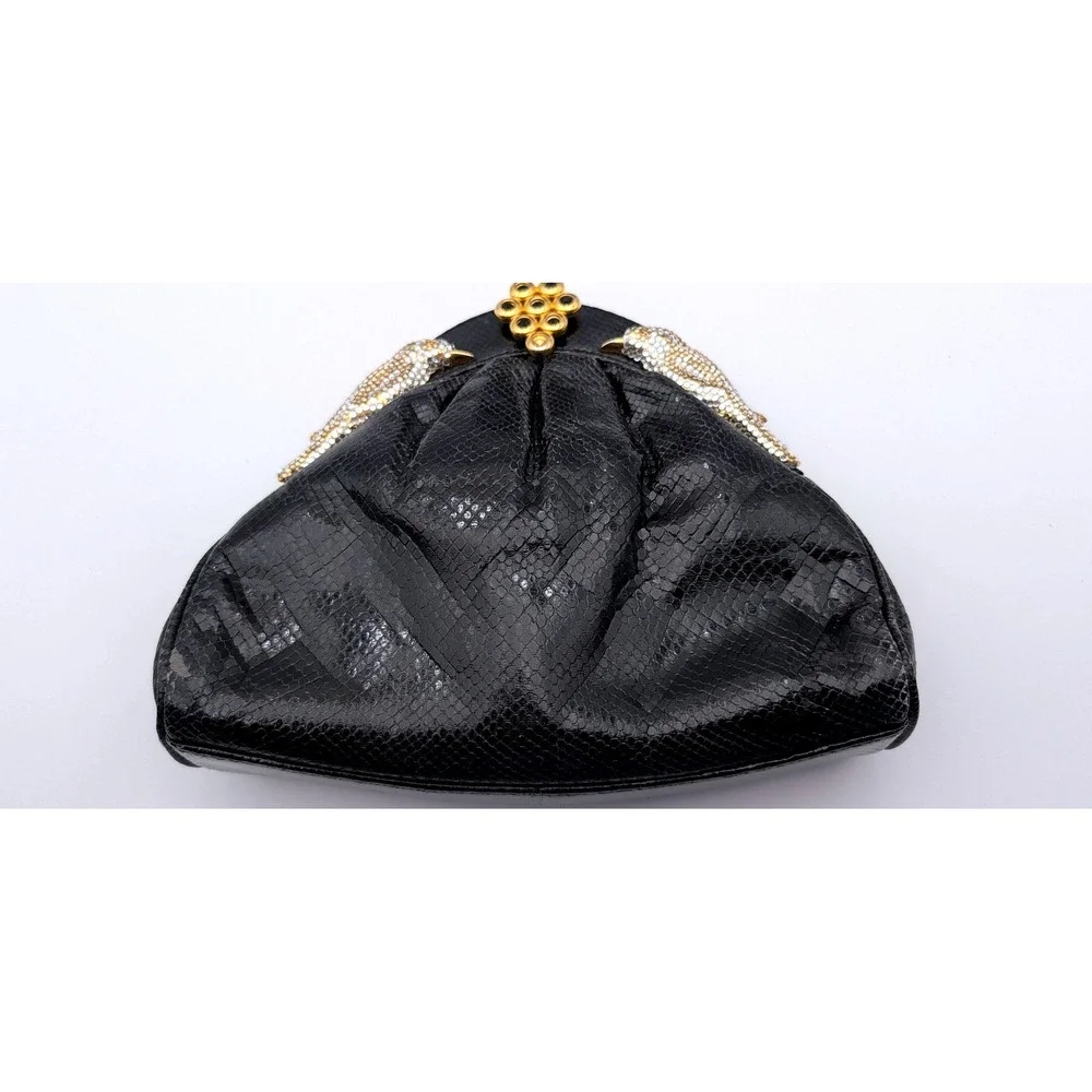 Sharif Vintage Black Snakeskin Embossed Leather Evening Bag Bird Crystal Clasp